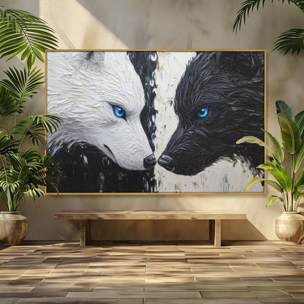 Tablou canvas cu tablou canvas cu doi lupi, in rama de aluminiu auriu